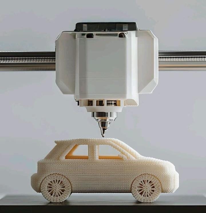 High precision 3D printed miniature car model actively printing on FDM printer bed