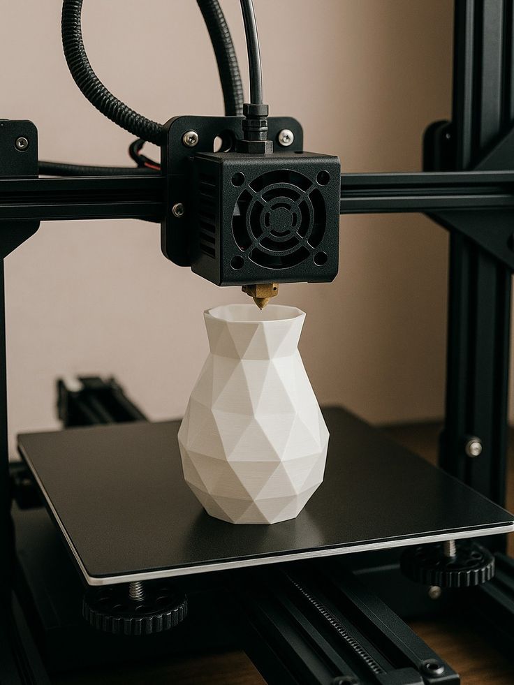 High precision 3D printer at Dawar's Tavern actively printing low-poly geometric vase